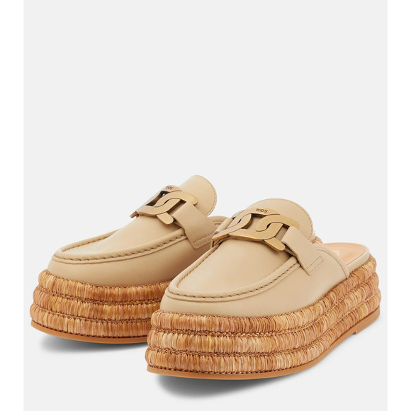 Tods Kate Leather/Raffia Slip On Platform Mules Slippers Natural Women's EU 38 - Picture 3 of 9